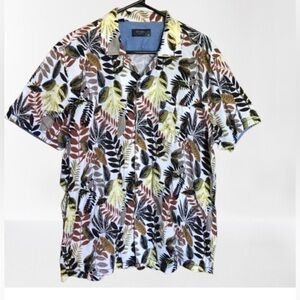 Men's Tropical Leaf Print Cotton Short Sleeve Button Up Shirt XL